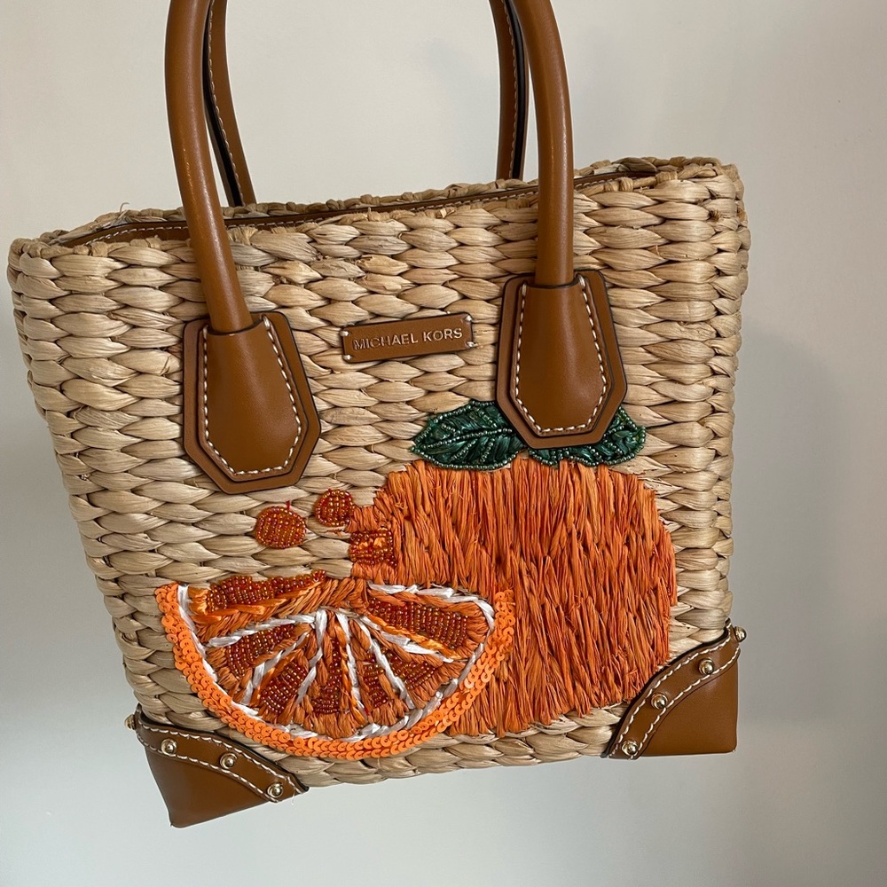 Michael Kors Malibu Medium Straw Bag Tropical Woven Vacation Tote Tangerine